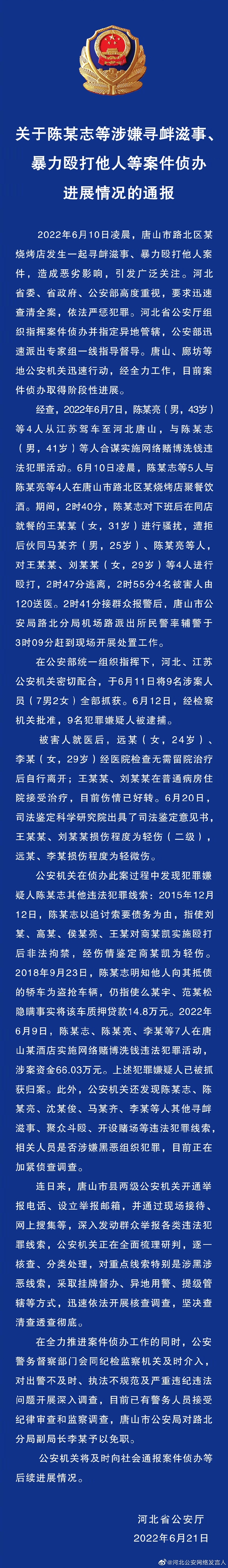 關于陳某志等涉嫌尋釁滋事、暴力毆打他人等案件偵辦進展情況的通報