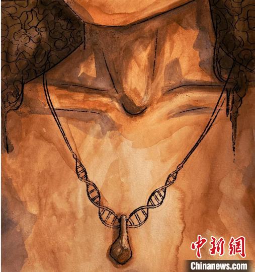 墜飾藝術(shù)再現(xiàn)圖，圖中吊墜繩為DNA螺旋樣式(圖片作者Myrthe Lucas)?！∈┢樟指瘛ぷ匀?供圖