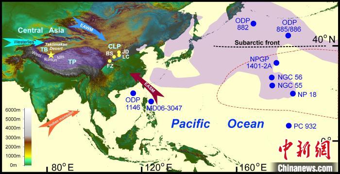 塔里木沙塵傳輸至北太平洋的路徑(陰影區(qū))及西昆侖山黃土巖芯位置(五角星)?！≈锌圃呵嗖馗咴?供圖