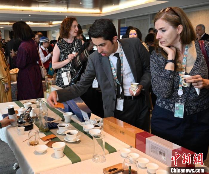 現(xiàn)場觀眾觀看中國展臺(tái)茶藝表演、了解茶文化。　靖樹 攝