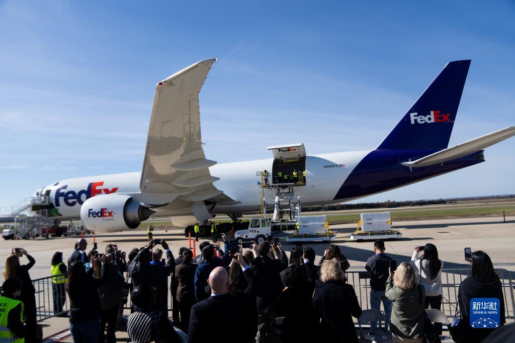 11月8日，在美國弗吉尼亞州的華盛頓杜勒斯國際機(jī)場(chǎng)，裝有大熊貓的特制“旅行包廂”準(zhǔn)備運(yùn)上專機(jī)。新華社記者劉杰攝