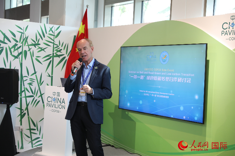 綠色聯(lián)盟聯(lián)合主席、世界自然基金會國際特使蘭博蒂尼在“一帶一路”綠色低碳轉(zhuǎn)型合作研討會上發(fā)言。人民網(wǎng)記者 張志文攝