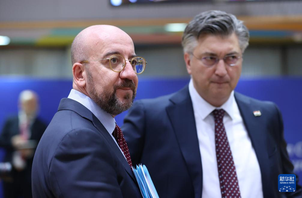 2月1日，歐洲理事會主席米歇爾（左）出席在比利時布魯塞爾舉行的歐盟特別峰會。新華社記者 趙丁喆 攝