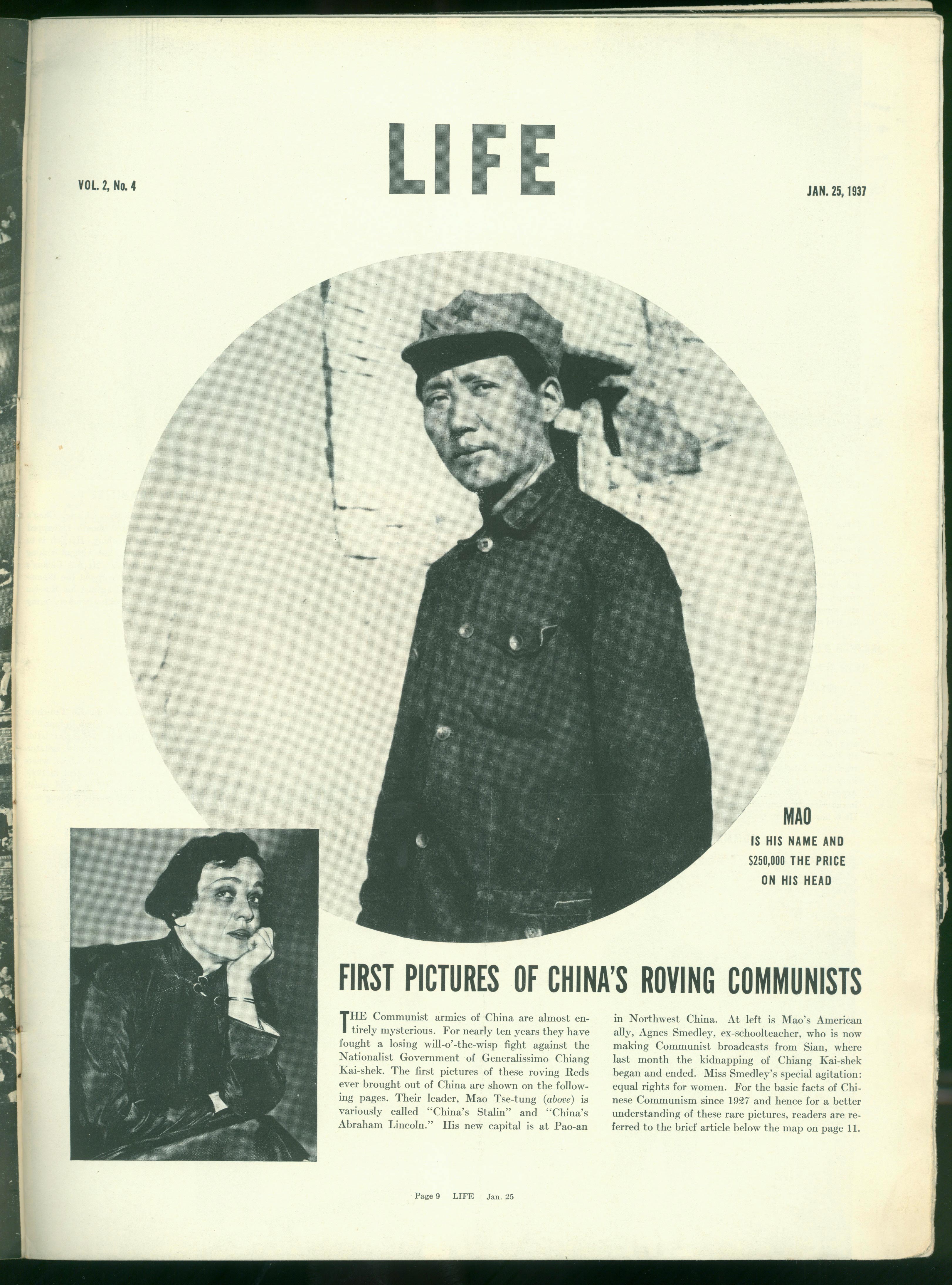 1937年1月25日，美國《生活》周刊刊登毛澤東照片，照片右下方寫著一行字：“毛，這是他的名字，他的人頭價值25萬元。”