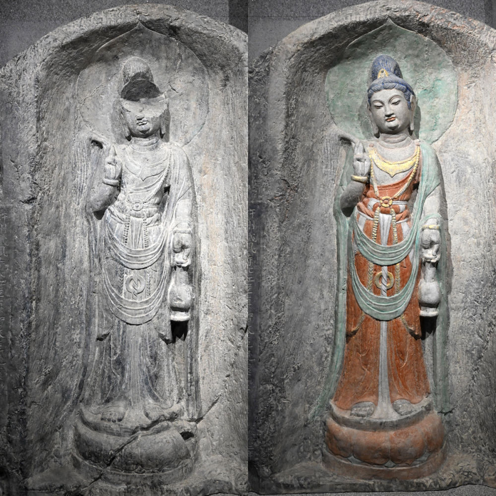 左圖為龍門(mén)石窟萬(wàn)佛洞窟前南壁菩薩造像的3D打印模型；右圖為利用數(shù)字化技術(shù)復(fù)原后的3D打印模型（2025年4月10日攝，拼版照片）。復(fù)原后的像龕精妙絕倫，栩栩如生，被游客譽(yù)為“龍門(mén)最美菩薩”。圖片來(lái)源新華社