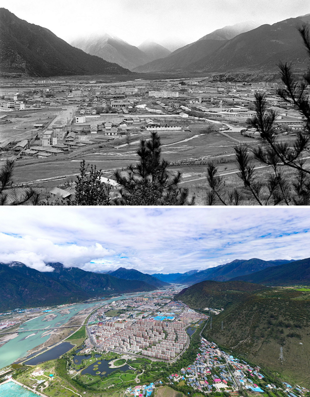 拼版照片：上圖是20世紀90年代的西藏林芝八一鎮(zhèn)；下圖是2021年7月20日拍攝的西藏林芝八一鎮(zhèn)風貌。