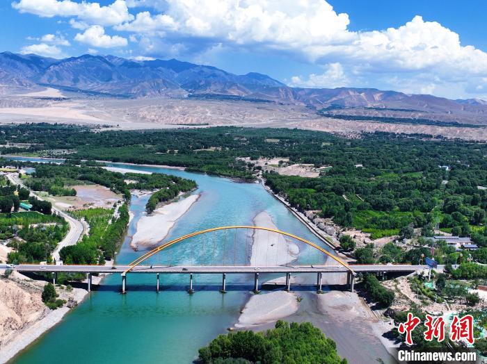 航拍貴德縣黃河岸畔綠意盎然。　馬銘言 攝