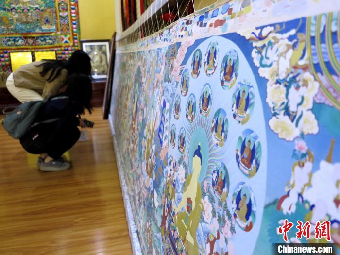 圖為民眾參觀半成品的唐卡?！?zhí)砀?攝