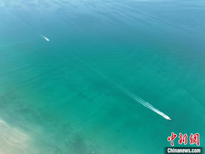 圖為航拍仲夏時節(jié)，青海湖湖水碧波蕩漾?！∑钤鲚?攝