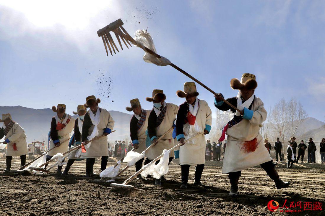 當(dāng)?shù)卮迕裆碇?jié)日盛裝，舉行春耕儀式。人民網(wǎng) 次仁羅布攝