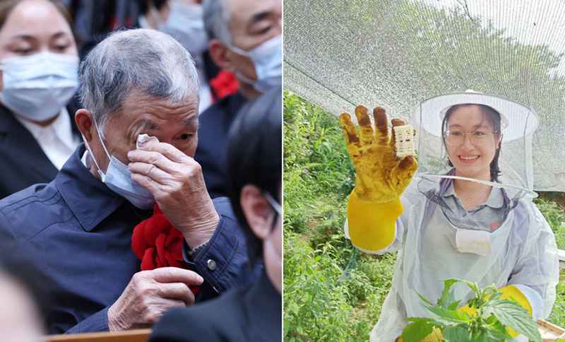 左圖為2021年2月25日，黃文秀的父親黃忠杰在全國(guó)脫貧攻堅(jiān)表彰大會(huì)上；右圖為黃文秀生前工作照。