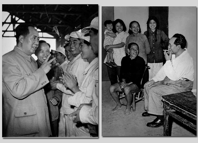 左圖：1959年，毛主席在安徽視察工廠時(shí)，同煉鋼工人親切談話。右圖：1959年，毛主席在湖南視察韶山，同貧農(nóng)社員親切談話。